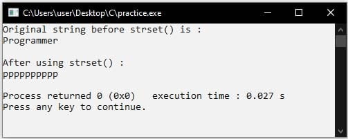 C strset() and strnset() function, strset() function in C