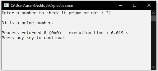prime numbers checking program in c