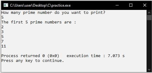 printing prime numbers list in c programming