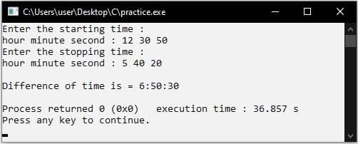 c structure examples, calculate difference between time periods