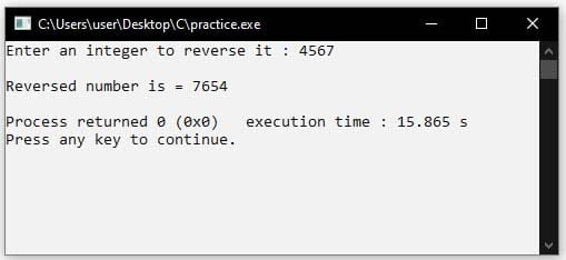 reverse number program in c, reverse number c program